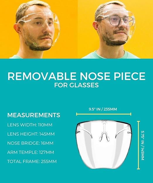 zeroUV - Protective Face Shield Full Cover Visor Glasses/Sunglasses (Anti-Fog/Blue Light Filter) (Clear/Clear) Single