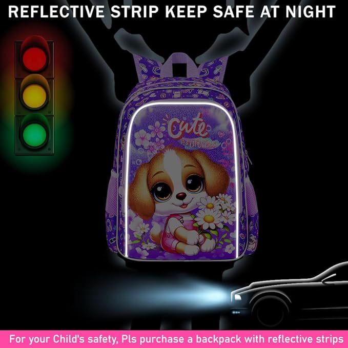 16" Girls Backpack, 3Pcs Dog School Bookbag with Lunch Box, Kids Backpacks for Elementary Preschool Kindergarten(Purple)