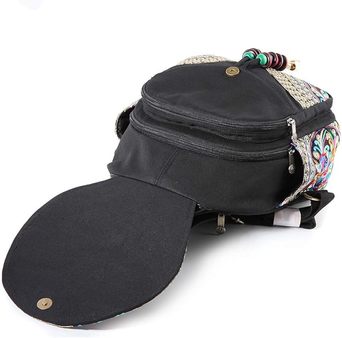 SILKAREA Vintage Embroidered Floral Ethnic Backpack Purse for Women Bohemian Handbag Shoulder Bag Travel Purse (Black S1)