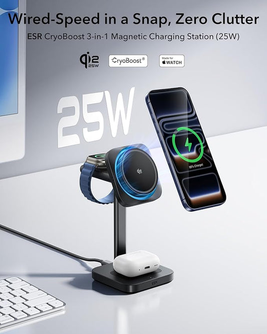 ESR for 3-in-1 Charging Station, Qi2.2 Certified 25W MagSafe Charger Stand with CryoBoost, Phone-Cooling Fast Charging Station, for iPhone 17/16/15/14/13/12, AirPods, Apple Watch, Black
