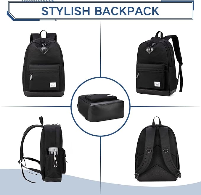 VASCHY Backpack for Men Women, Water-Resistant School Backpack Bookbag Daypack for Teens/College Students Plain Black