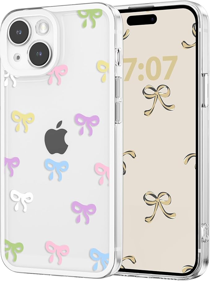EYZUTAK Case for iPhone 15 Plus, Clear Cute Ribbon Bowknot Pattern Aesthetic Transparent Phone Case Raised Camera Protection Stylish Slim Soft Durable TPU Protective Cover for Women Girls - Colorful