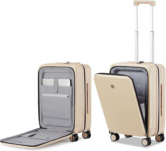 Hanke Grace Carry On Luggage with Wheels Airline Approved Hard Shell Suitcases with Front Pocket，Top Opening Luggage with TSA Lock for Short Business Travel， Cuban Sand.