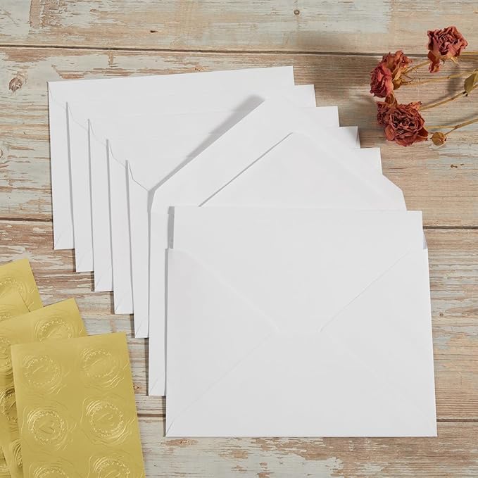 50 Pack White A6 Envelopes with Cards 4x6 Thick Folded Cardstock and Gold Stickers for Greeting Cards, Wedding, Birthday, Invitations, Baby Showers (White, 4x6)