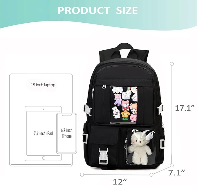 Kawaii Backpack for Teen Girls, Cute Aesthetic High Middle School College Bookbag with Accessories, Black