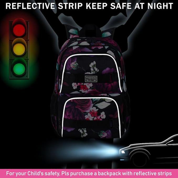 17 Inches Backpack for Girls Women, 3Pcs Rose Laptop Backpacks with Lunch Bag, Water Resistant College School Bookbag Set for Teens Students(Black)