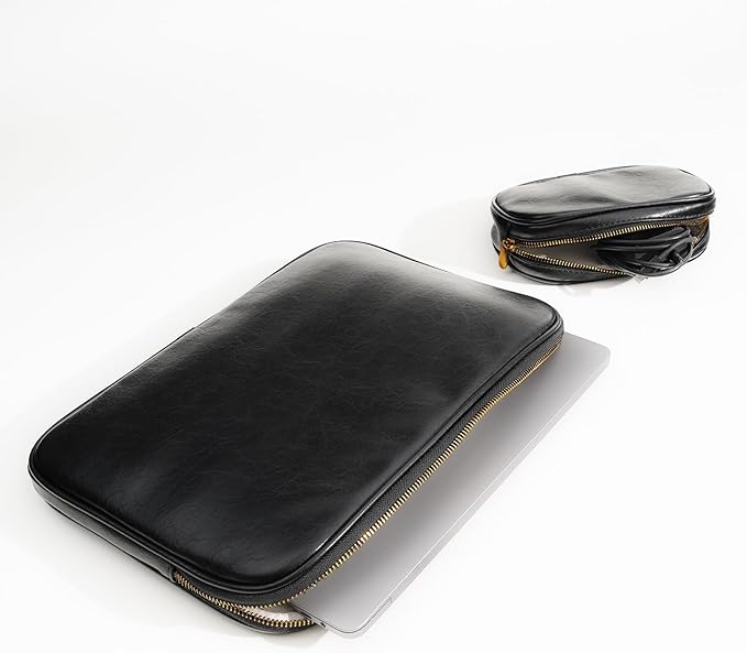 PU Leather Padded Laptop Sleeve 15.3Inch Compatible with MacBook Air 15 A3114 M3 A2941 M2, MacBook Pro 15 Laptop Bag with Charger Pouch Color Black