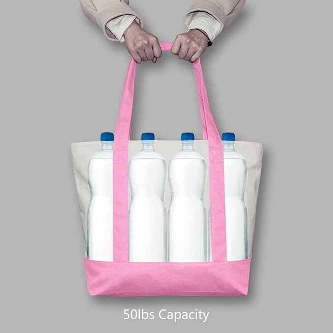TOPDesign 1-Pack Canvas Tote Bag with an External Pocket, Reusable Grocery Shopping Bag, Top Zipper Closure, Daily Essentials (Pink/Natural)