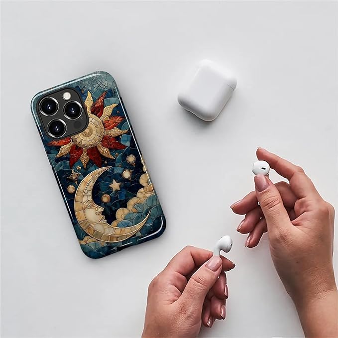 Case for iPhone 14 Pro Max Case,Sun Moon Stars Faux Stained Glass Design Hybrid Dual Protection Silicone + Hard PC Shockproof Full Body Cover,Slim Anti-Scratch Protective for Men Women