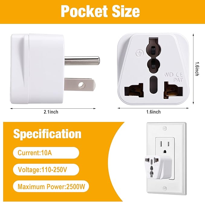 20 Pack Universal Travel Adapter Europe/uk/european/india to Us Plug Adapter Eu Electrical Adapters, Converter Plug Europe Australia UK Italy to American