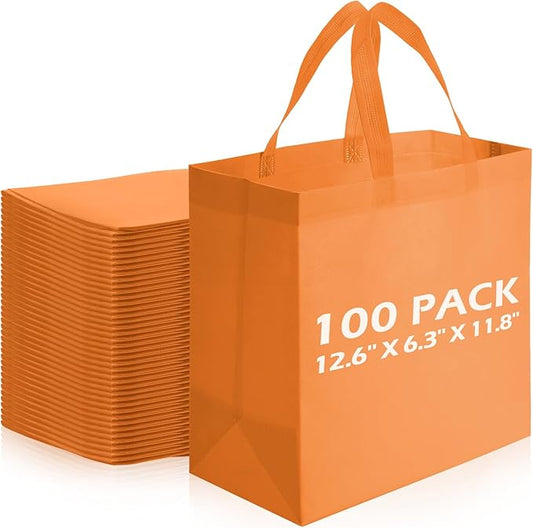 Reginary Reusable Totes Bags - 100 Pcs Non Woven Grocery Handle Bags for Shop Events & Retail Store (Orange)