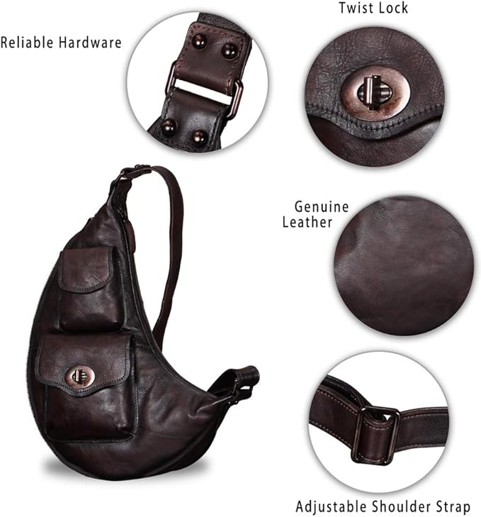 Genuine Leather Large Sling Bag for Men and Women Vintage Real Leather Sling Backpack Shoulder Crossbody Bag Chest Bag
