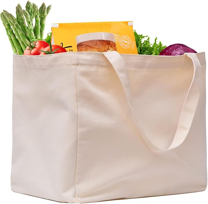 Canvas Reusable Grocery Bags Heavy Duty, 8.3 gal Foldable Large Tote Bag with Handles, Holds 60 lbs & Washable Eco-friendly Bags with 5 Pockets, Off white 1 Bags