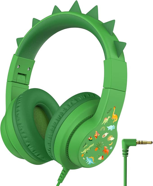 iClever Kids Headphones for School Travel, Safe Volume 85dBA, Stereo Sound Over-Ear for Kid, Foldable 3.5mm Wired Dinosaur Headphones for iPad Computer, HS19S