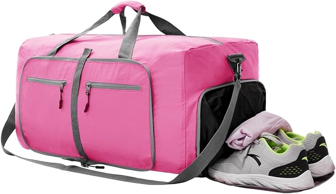 Dimayar Travel Duffle Bag for Men Women - Foldable Duffel Bag with Shoes Compartment - Overnight Bags Waterproof & Tear Resistant(85L,Pink)