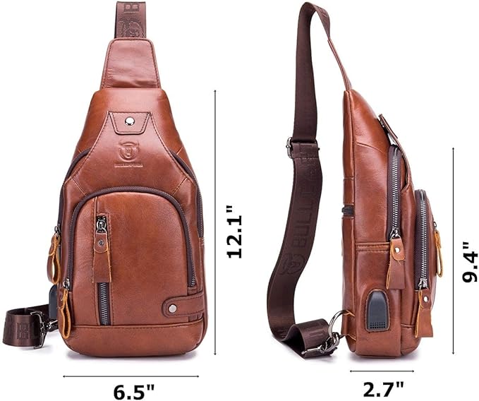 BULLCAPTAIN Leather Men Sling Bags Travel Crossbody Chest Bag Hiking Daypack with USB Charging Port Multi-Pocket