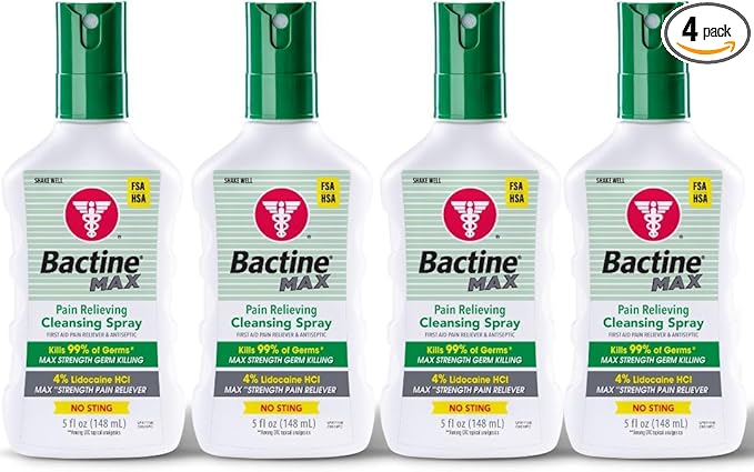 Bactine MAX First Aid Spray - Pain Relief Cleansing Spray with 4% Lidocaine - Numbing Lidocaine Kills 99% of Germs - Pain + Itch Relief for Minor Cuts & Scrapes, Burns & Bug Bites - 5oz, 4 Pack
