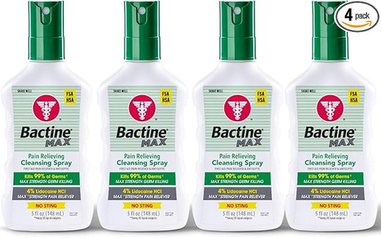 Bactine MAX First Aid Spray - Pain Relief Cleansing Spray with 4% Lidocaine - Numbing Lidocaine Kills 99% of Germs - Pain + Itch Relief for Minor Cuts & Scrapes, Burns & Bug Bites - 5oz, 4 Pack