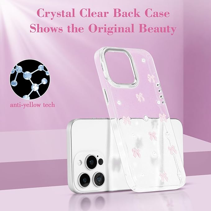 EYZUTAK Case for iPhone 14 Pro Max, Bling Glitter 3D Bowknot Phone Case Cute Sparkly Crystal Clear Bow Aesthetic Design Case Slim Soft Durable TPU Transparent Protective Cover for Women Girl-Pink Bow