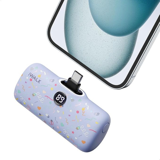 iWALK USB-C Portable Charger with Colorful Pattern, 20W PD Fast Charging 4800mAh Small Power Bank with LED Display, Compatible with iPhone 16/15, 16/15 Plus, 16/15 Pro Max, iPad, Airpods, Purple