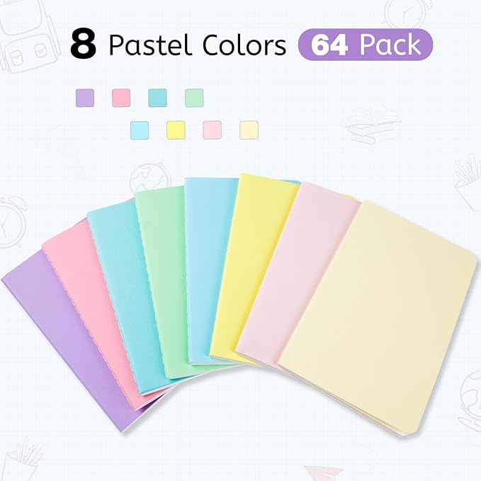 Oucaru 64PCS Mini Notebooks Bulk, 3.5" x 5.5", 8 Pastel Color, 60 Pages Lined Paper Small Pocket Notebook Set, Mini Journal Memo Notepads for Kids, Students, Traveler, School Office Supplies