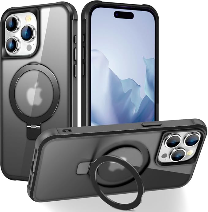 Compatible with iPhone 14 Pro Max Case with Invisible Magnetic O-Ring Stand Military-Grade Translucent Case for iPhone 14 ProMax 6.7" [Compatible with Mag-Safe][Great Grip Feeling], Black