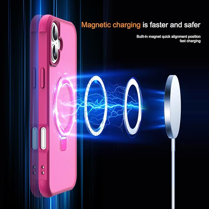 Compatible with iPhone 16 Case with Invisible Magnetic O-Ring Stand Military-Grade Translucent Case for iPhone 16 6.1" [Compatible with Mag-Safe][Great Grip Feeling], Rose