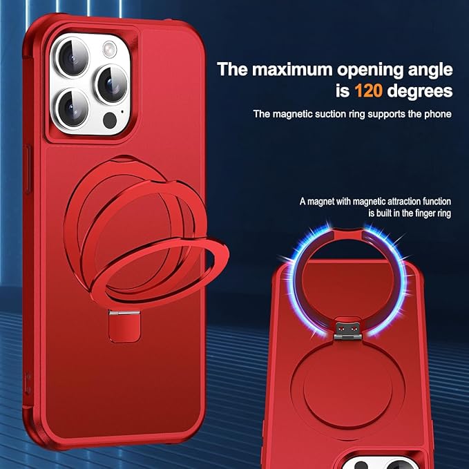 Compatible with iPhone 15 Pro Max Case with Invisible Magnetic O-Ring Stand Military-Grade Case for iPhone 15 ProMax 6.7" [Compatible with Mag-Safe][Great Grip Feeling], Red