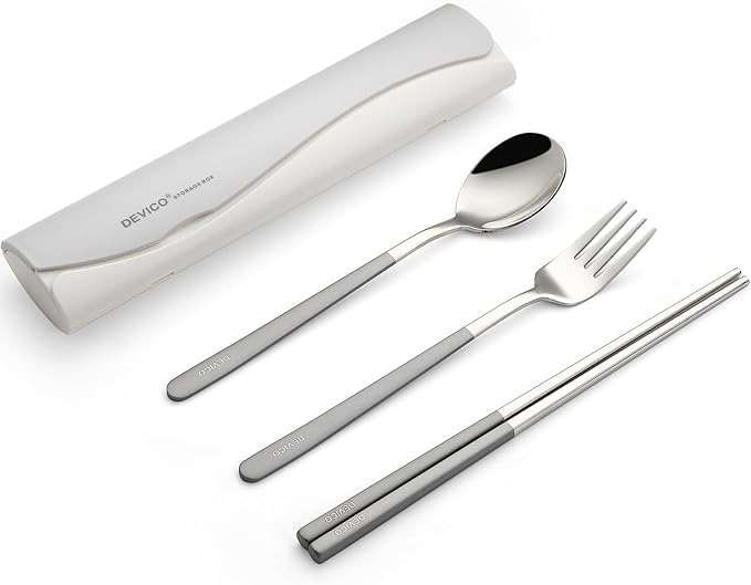DEVICO Portable Travel Utensils with Case, Reusable Camping Silverware for Lunch, 18/8 Stainless Steel Cutlery Set (Gray)