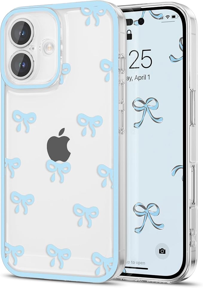 EYZUTAK Case for iPhone 17, Clear Cute Ribbon Bowknot Pattern Aesthetic Transparent Phone Case Raised Camera Protection Stylish Slim Soft Durable TPU Protective Cover for Women Girls - Blue