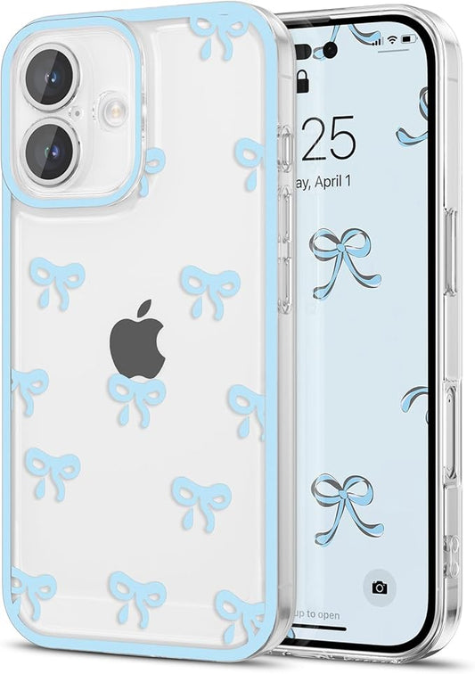 EYZUTAK Case for iPhone 17, Clear Cute Ribbon Bowknot Pattern Aesthetic Transparent Phone Case Raised Camera Protection Stylish Slim Soft Durable TPU Protective Cover for Women Girls - Blue