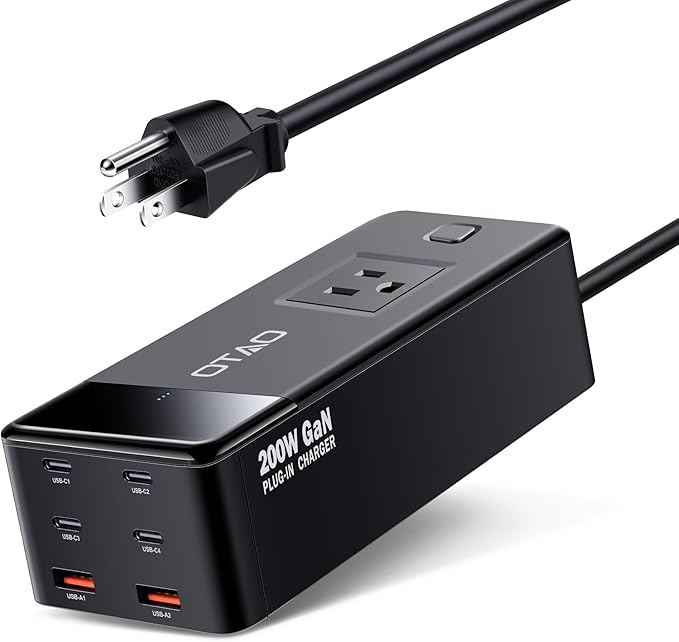200W Power Station, 7-in-1 GaN Fasting Charging Station USB C Charger Power Strip with AC Adapter for MacBook Laptops iPhone iPad, 4 USB-C+2 USB-A Ports+1 AC Outlets Desktop Accessory for Home Office