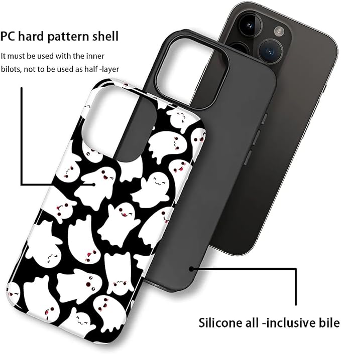 Case for iPhone 15 Pro Case,Halloween Ghosts Bats Design - Hybrid Dual Protection Silicone + Hard PC Shockproof Full Body Cover Slim Anti-Scratch Protective Case for Men Women