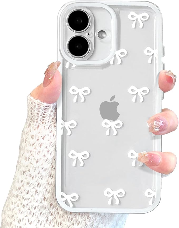 EYZUTAK Case for iPhone 16 Plus, Clear Cute Ribbon Bowknot Pattern Aesthetic Transparent Phone Case Raised Camera Protection Stylish Slim Soft Durable TPU Protective Cover for Women Girls - White