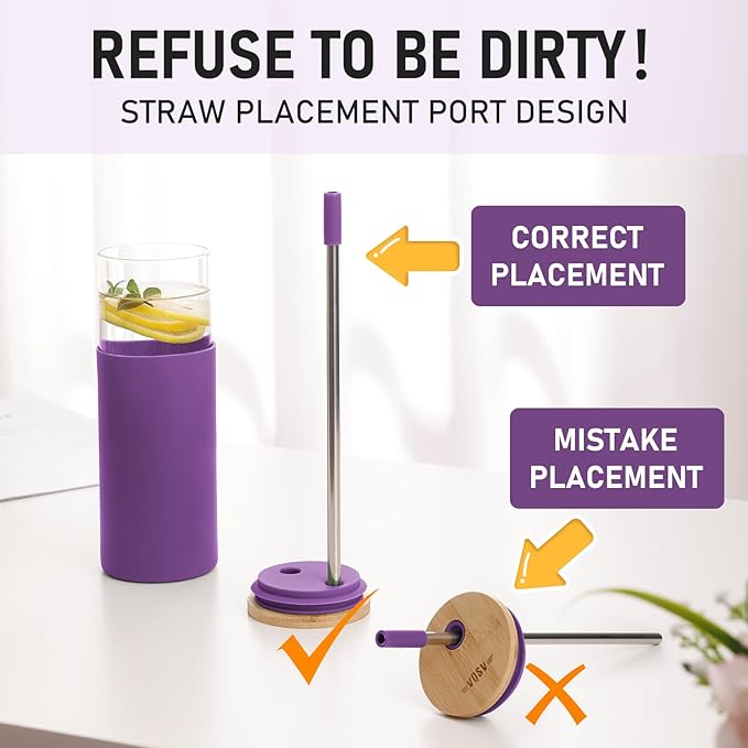 Glass Tumbler w/Lids & Straw: 24 oz Reusable Glass Cup w/Bamboo Lid, Stainless Steel Straws, BPA-Free, Leak-Proof, Dishwasher Safe for Coffee/Smoothies/Hot Beverage, Travel/Office/Home Use, 2-Pk