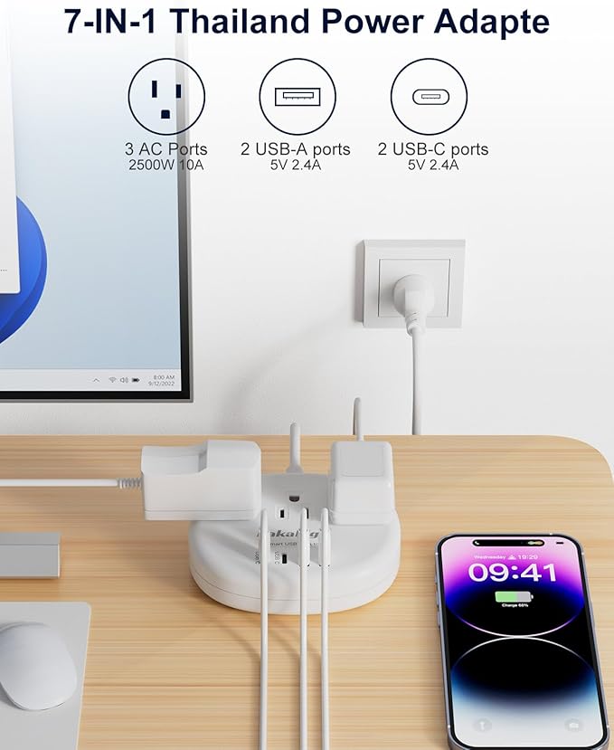 Thailand Power Adapter, Thailand Plug Adapter with 3 American Outlets 4 USB Ports (2 USB-C) Total 24W, Type O Plug Adapter for USA to Thailand, 4FT