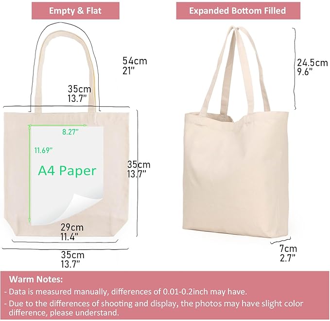 Koolmox 6-Pack 13.5x13.5x3.5 Tote Bags with Zipper, Reinforced Handles and Widen Bottom, Canvas Tote Bag, Grocery Shopping Beach Reusable Totes Bags Vacation Bag Solid Beige Book Bag for Crafts Paint