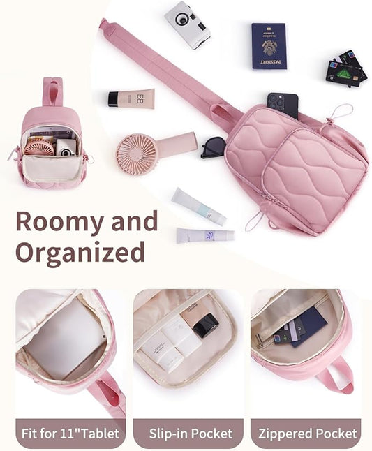 Wandering Nature Sling Bag for Women Lightweight Quilted Crossbody Bag Fits for 11" Tablet with Breathable Back Panel Anti Theft Pocket Padded Strap USB Charge Port, Ideal for Travel, Daily Use