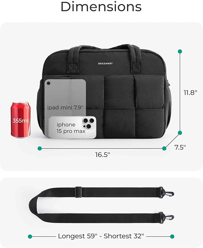 BAGSMART Gym Bag for Women, 24L Puffer Travel Duffle Bag for Travel with Laptop Compartment, Weekender Bags for Women, Carry On Duffel Bag Personal Item Bag, Black