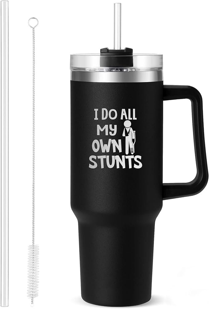 I Do My Own Stunts Tumbler - 40 oz Insulated Cup with Handle & Straw - Funny Get Well Gift for Men & Women, Broken Bone, Surgery Recovery, Knee or Leg Injury, Accident-Prone Coffee Mug
