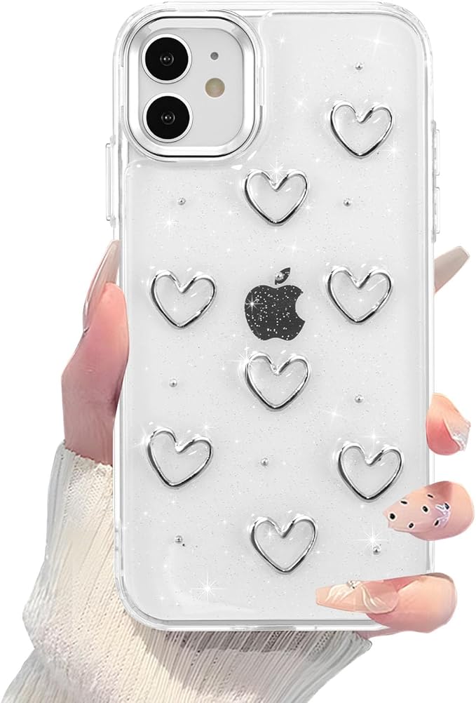 EYZUTAK Case for iPhone 11, Bling Glitter 3D Hearts Phone Case Cute Sparkly Crystal Clear Heart Aesthetic Design Case Slim Soft Durable TPU Transparent Protective Cover for Women Girls - Heart