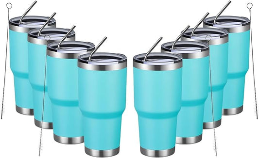 MEWAY 30oz Insulated Tumbler With Lids and Straws,Stainless Steel Double Vacuum Coffee Tumbler Cup, Brush, Durable Powder Coated Coffee Cup for Cold & Hot Drinks(Light Blue,8 PACK)