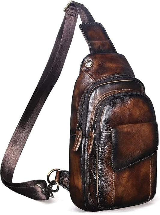 Le'aokuu Men Outdoor Casual Travel Hiking Tea Crossbody Chest Sling Bag Rig One Shoulder Strap Bag Backpack Men Leather