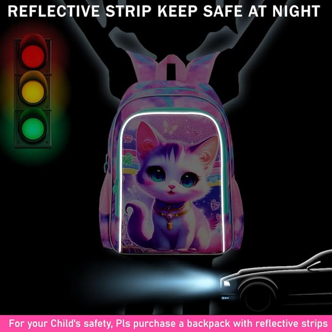 3Pcs Cat Backpack for School, 16" Girls Bookbag with Lunch Box, Kids Backpacks Set for Elementary Preschool Kindergarten(Pink)