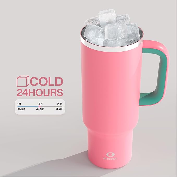 40 oz Tumbler with Handle and Straw: Stainless Steel Insulated Tumbler Keeps Cold for 24 Hours, Leakproof Travel Cup Fits in Cup Holder and BPA-Free, Tulip