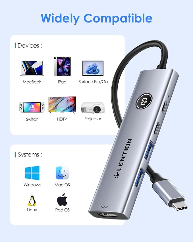 LENTION USB C Multiport Adapter, 5-in-1 USB C Hub with HDMI 4K@60Hz, USB A 3.0, Type C 3.0, 100W PD Charging, Multiport USB Adapter with Screen On/Off Button for MacBook and Other Type C Devices