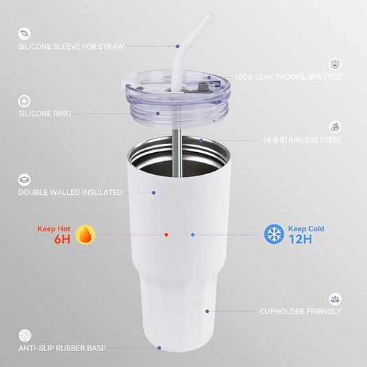 VEGOND 30 oz Insulated Stainless Steel Tumblers with lid and straw Bulk Pack Double Wall Vacuum Coffee Mug with Non-Slip Silicone Base, Sweat Proof Powder Coated Cup for Hot Cold Drinks, White 8Pack