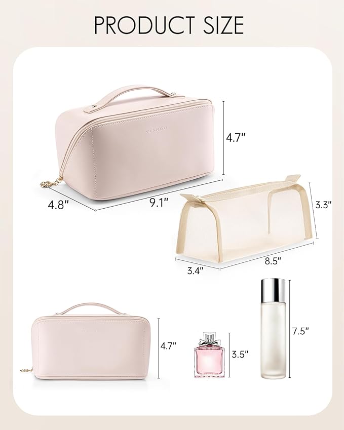 Vlando Makeup Bag,Large Capacity Toiletry Bag for Women Waterproof Portable Make up Pouch PU Leather Open Flat Cosmetic Bag(Apricot Pink)