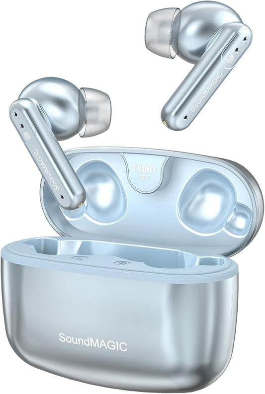 SoundMAGIC T80BT ANC True Wireless Earbuds with Hi-Res Audio,Hibrid Active Noise Cancelling, ENC Call Clarity, 20H Playtime, IPX5 Waterproof, Ultra-Comfy Fit for Sports/Work/Gaming (Blue)