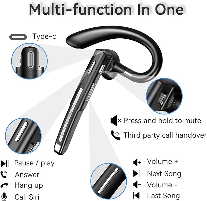 EUQQ Bluetooth Headset, Wireless Earpiece with Microphone 24 Hrs Talk Time Noise-Canceling Driving Headset for Trucker, V5.2 Hand-Free Headphones, Bluetooth Earpiece for Driving/Leisure/Work (Black)